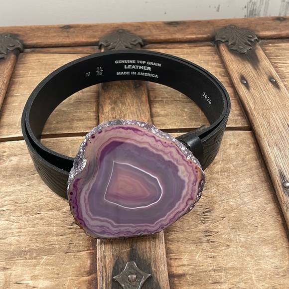 Black Leather Belt with Amethyst Buckle / Size M / Western Style - Picture 1 of 14